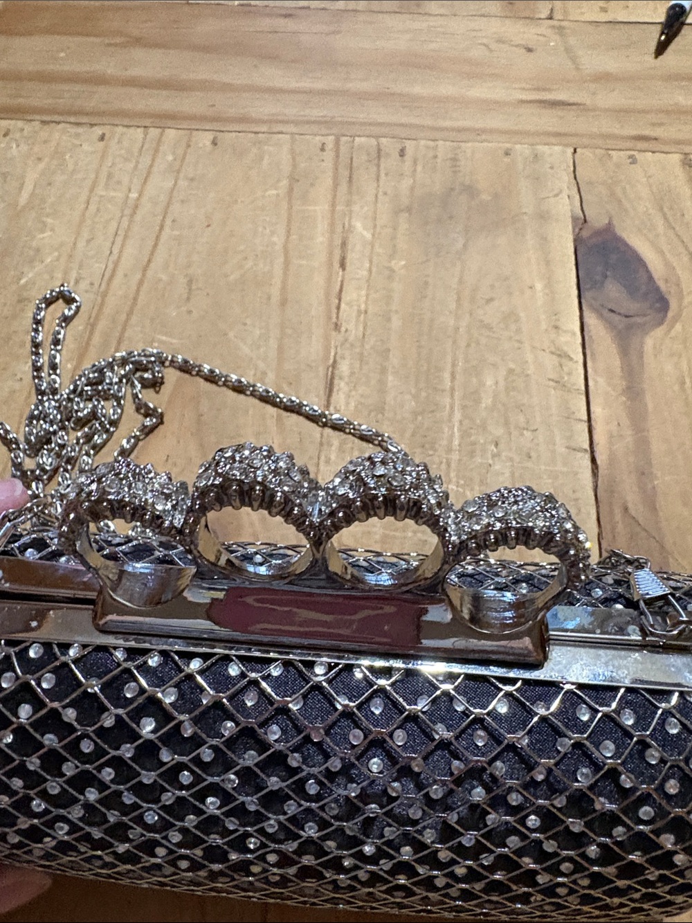 Black “Rachel” Rhinestone Knuckle-Handle Evening Clutch with Chain - Picture 3 of 6